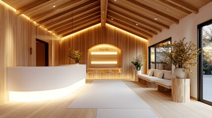Fototapeta premium Luxurious spa waiting area with cozy seating, warm lighting, natural textures, and soothing scents; a welcoming space with tasteful minimalism