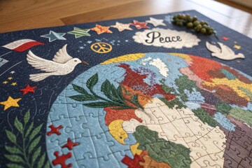 Peace-themed puzzle showcasing a colorful world map with doves and stars on a wooden table