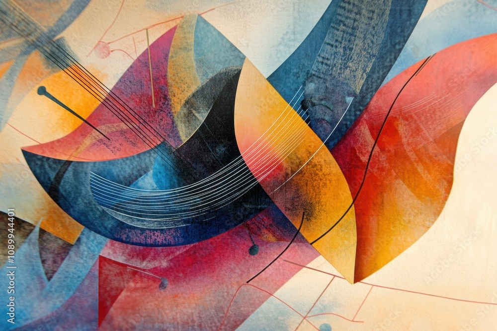Fototapete an abstract creation showcases vibrant sound waves, musical notes, and instruments, depicting a rich