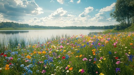 Fototapeta premium A Serene Meadow Awash with Vibrant Wildflowers Under a Blue Sky Reflected in a Tranquil Lake Surrounded by Lush Greenery and Soft Clouds in the Distance