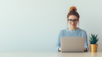 Woman Working on Laptop Home Office Freelance Remote Work