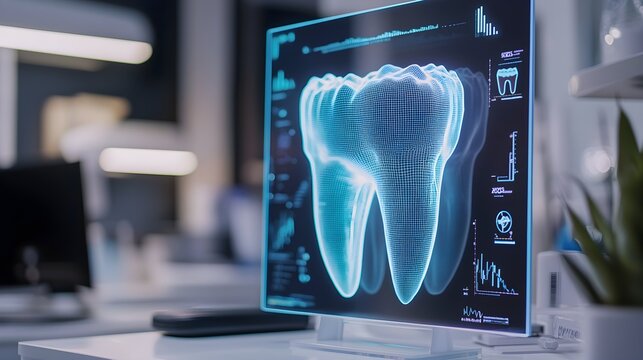 Modern dental conference, dentist giving presentation with futuristic holographic teeth model, sleek minimalist design, Dental conference, futuristic presentation
