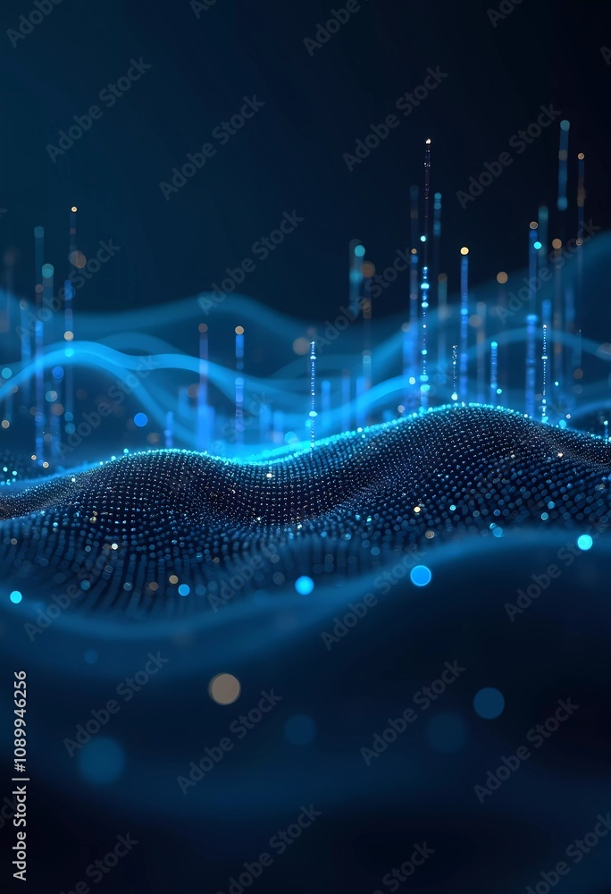 Poster vibrant blue waves of data ebb and flow in a captivating digital landscape, creating a mesmerizing v