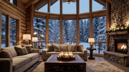 Fototapeta premium A spacious, modern Christmas cabin nestled in a snowy mountain retreat, bathed in the soft glow of warm, ambient lighting. The large windows offer breathtaking views of a serene winter landscape, ai