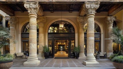 Obraz premium Stunning Entrance of a Spanish Colonial Revival Style Hotel Showcasing Elegant Architecture with Decorative Columns and Luxurious Design Elements