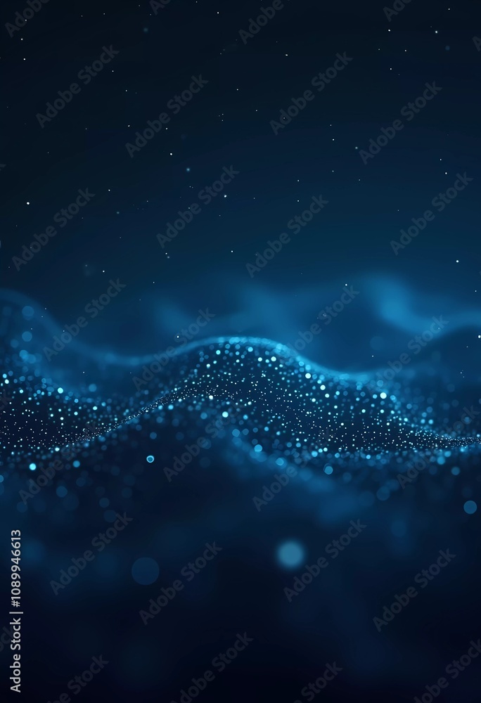 Poster this digital artwork features flowing audio waves in rich blue hues, highlighting particles that dep