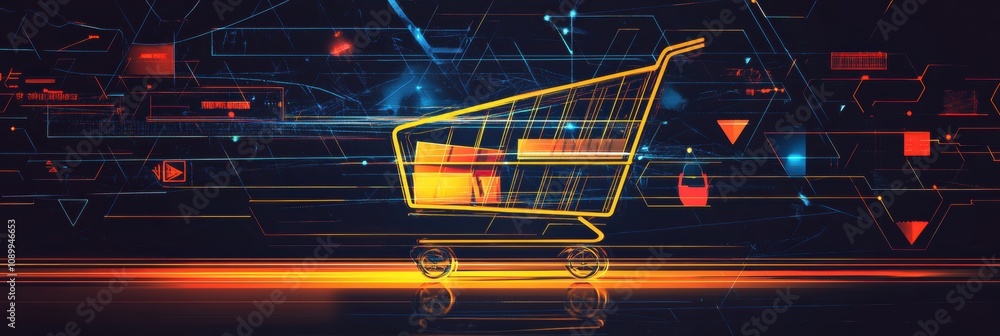 Fototapete Colorful geometric shapes and flowing lines create an abstract representation of a shopping cart against a dynamic digital backdrop. Generative AI