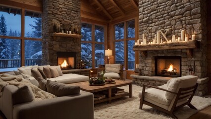 A spacious, modern Christmas cabin nestled in a snowy mountain retreat, bathed in the soft glow of warm, ambient lighting. The large windows offer breathtaking views of a serene winter landscape, ai