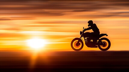 Fototapeta premium Silhouetted motorcycle rider speeding down a scenic dusk road, the sky glowing with clouds, sense of adventure, Biker silhouette, Journey and energy