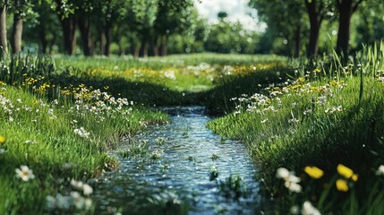 Fototapeta premium Serene Meadow Landscape with Gentle Stream Flowing Through Lush Green Grass and Vibrant Wildflowers in a Peaceful Natural Setting