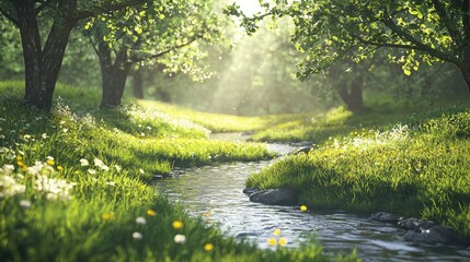 Fototapeta premium Serene Meadow Scene with a Gentle Stream Flowing Through Lush Green Grass and Sunlit Trees in a Tranquil Natural Setting