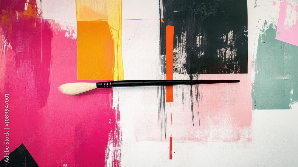 Poster bright abstract paint strokes in various colors and geometric shapes accompany a brush resting atop,