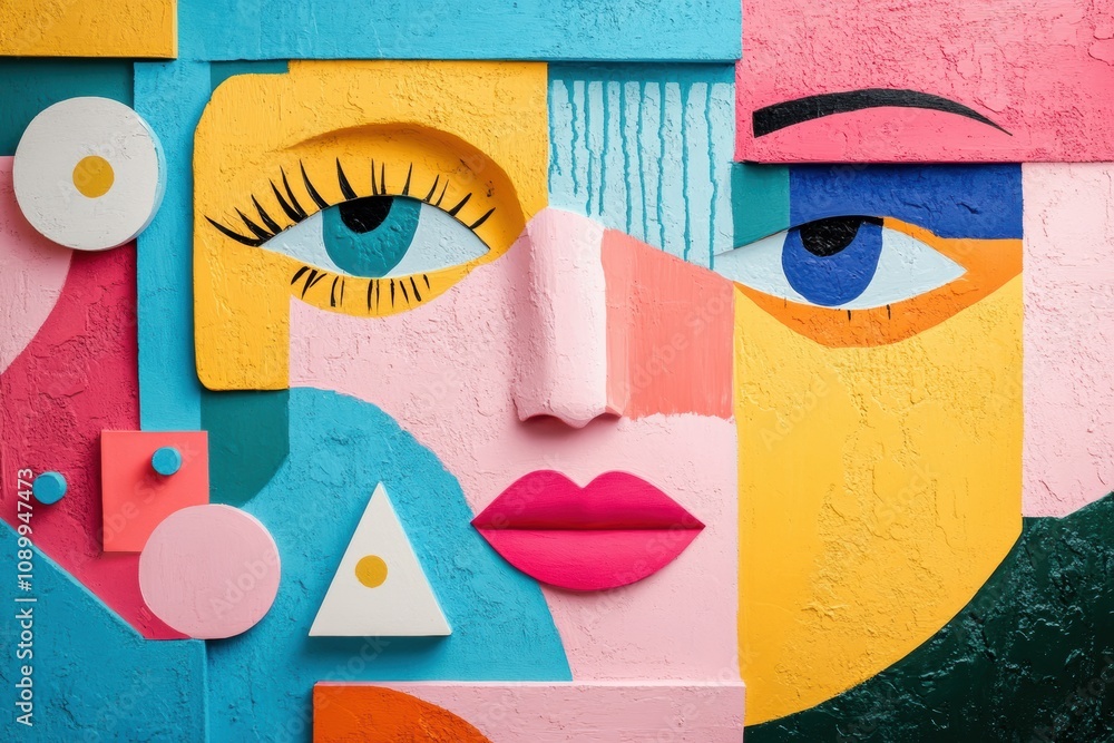 Aufkleber Vibrant colors and playful geometric shapes combine to form an abstract face, showcasing artistic expression on a textured wall. Generative AI
