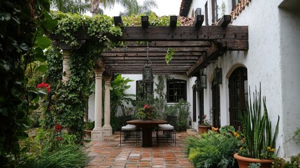 Fototapeta premium Serene Outdoor Space Featuring Spanish Colonial Revival Architecture with Lush Greenery and Rustic Wooden Beams Set in a Tranquil Environment
