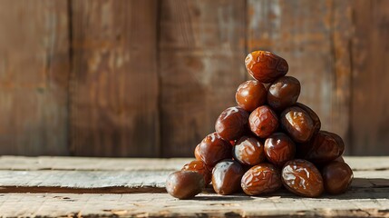 Pyramid of dates on rustic wooden background, perfect for food blogs, ramadan greeting cards, middle eastern cuisine menus.