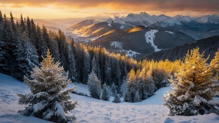 Obraz premium A serene European mountain slope at dusk, bathed in warm, golden light, with snow-laden evergreen trees, their branches heavy with frost, standing tall against the vibrant hues of the setting sun, ai
