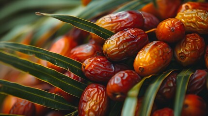 Clusters of dates with leafy green foliage surrounding the fruit. Suitable for food blogs, recipe websites, and agriculturerelated designs.