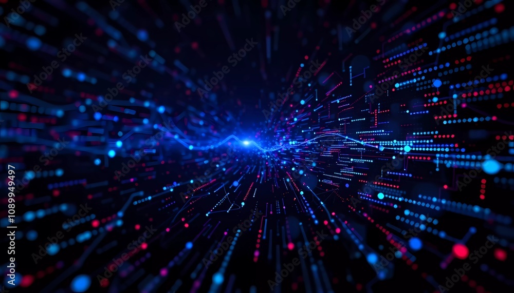 Poster a dynamic and colorful representation of data flowing through a digital space, showcasing vibrant bl