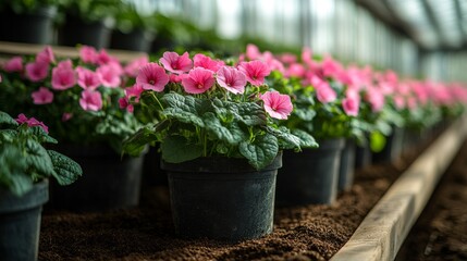 Naklejka premium growing flowers in pots in a greenhouse for sale
