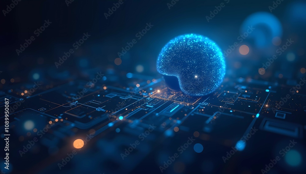 Poster this vibrant digital composition showcases a luminous sphere symbolizing artificial intelligence, su