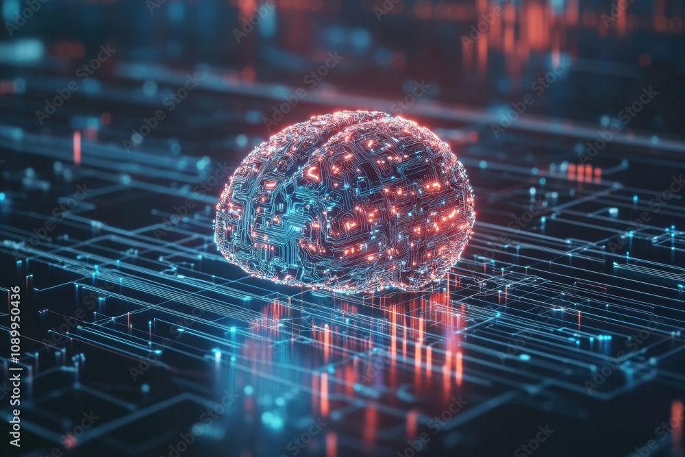 Aufkleber a digital brain glows with intricate circuitry in a cybernetic landscape, showcasing the fusion of t