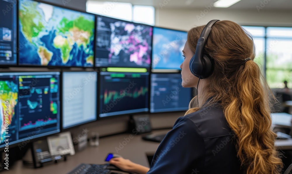 Poster data analyst monitoring global trends, multiple screens displaying maps, graphs, and data visualizat