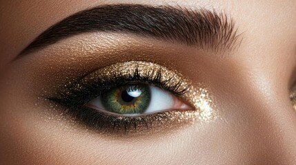 Obraz premium Close-Up Shot of Beautiful Eye with Stunning Gold and Brown Makeup Highlighting Artistic Eyeshadow and Long Lashes, Captivating Light Reflection and Texture