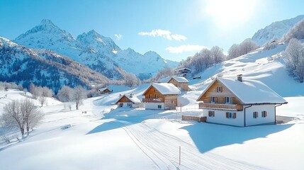 Aerial View of a Small Alpine Village in Winter