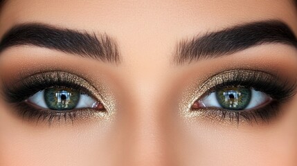 Obraz premium Close-Up of Mesmerizing Eyes with Glittery Makeup Featuring Golden and Brown Tones Highlighting Intense Colors and Luscious Lashes for Beauty and Fashion Themes
