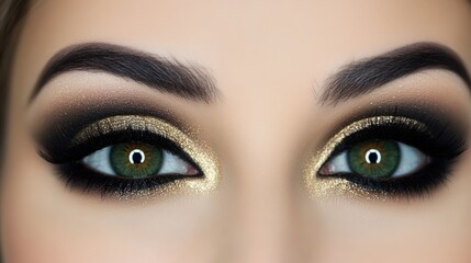 Naklejka premium Close-up View of Stunning Eyes with Dramatic Makeup Featuring Gold and Black Eyeshadow Creating a Glamorous and Captivating Look