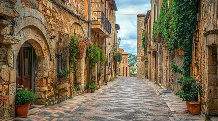 Obraz premium Charming Cobblestone Street in a Picturesque Village Featuring Historic Stone Buildings, Lush Greenery, and Vibrant Flower Pots Under a Beautiful Sky