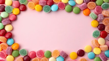 Obraz premium Colorful candies on pink background from top view, sweet, treats, candy, dessert, sugar, colorful, vibrant