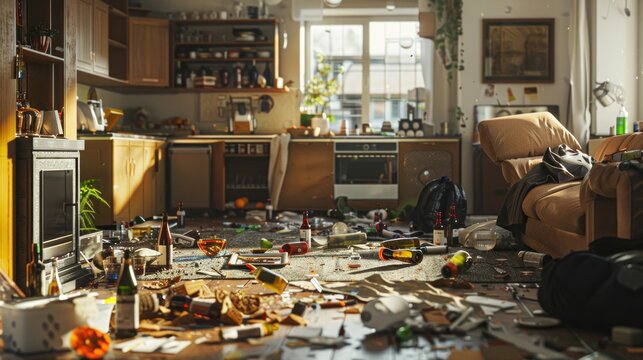 A messy apartment after a party, showing scattered bottles, food remnants, and clutter everywhere.