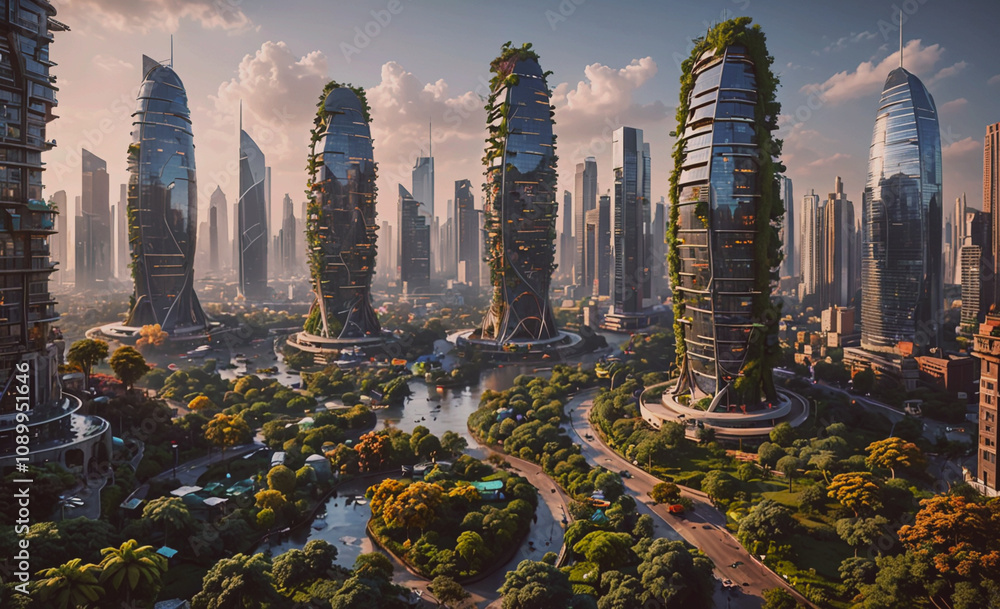 Poster a city with tall buildings and a river running through it. the buildings are covered in plants and t