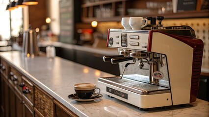 Fototapeta premium Retro coffee machine with cup of coffee on background, retro, coffee machine, cup, coffee, retro style, vintage, appliance