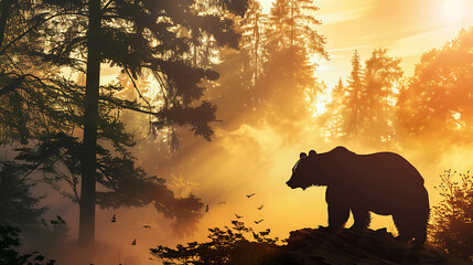 Naklejka premium Majestic Bear Silhouetted Against Golden Sunrise in Misty Forest Landscape, Capturing Wildlife Serenity and Natural Beauty at Dawn