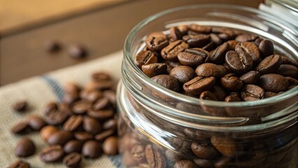 Fototapeta premium Close-up shot of mixing fresh roasted coffee beans in a glass jar , coffee beans, roast, stirring, mixing, aroma, brewing, fresh