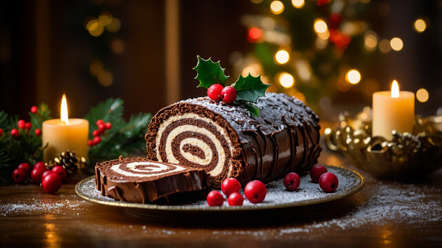 Delicious chocolate yule log cake garnished with holly for christmas eve dinner