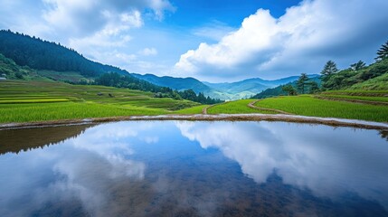 Obraz premium Serene Landscape of Terraced Rice Fields with Reflection of Cloudy Sky and Lush Green Mountains in the Background, Capturing Nature's Tranquility