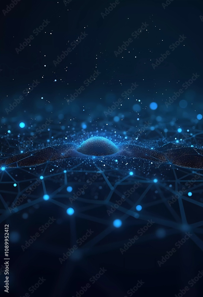 Poster a captivating digital backdrop showcases a deep blue environment filled with luminous nodes and intr