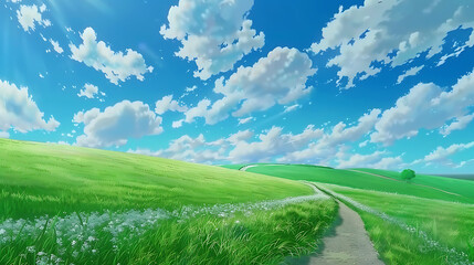 Fototapeta premium Serene Landscape with Rolling Green Hills, Vibrant Blue Sky, and Fluffy White Clouds Under Bright Sunshine Inviting Nature Enthusiasts to Explore Scenic Paths