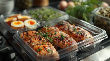 Obraz premium A meal prep scene featuring portions of Dukan diet-approved foods like grilled chicken, boiled eggs, and low-fat yogurt, ready to be packed into containers.