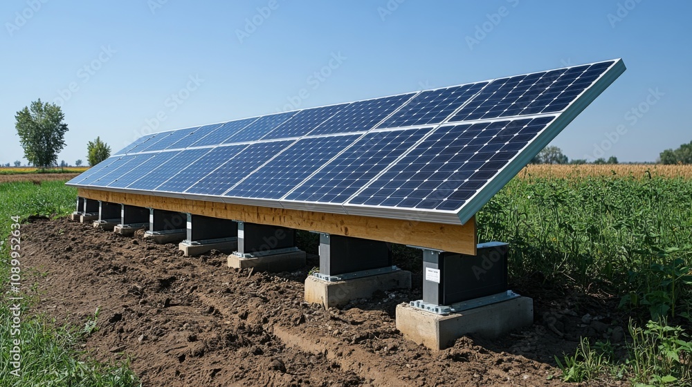 Poster a row of solar panels is installed on farmland, highlighting the shift towards renewable energy. the