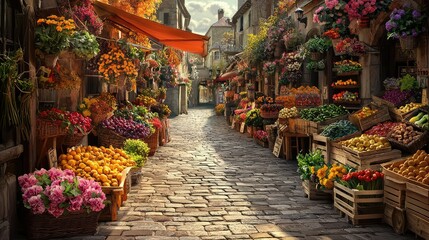 High-Quality Stock Photo of a Vibrant Cobblestone Marketplace Surrounded by Colorful Flower and Produce Stalls, Capturing the Essence of a Lively Outdoor Market Scene