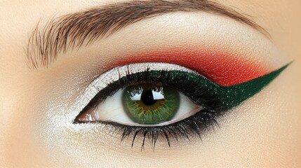 Obraz premium Stunning Close-Up of an Eye with Bold Makeup Featuring Green, Red, and White Colors, Highlighting Artistic Eye Shadow Techniques and Detailed Eyeliner