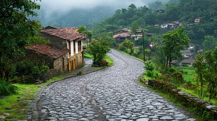 Fototapeta premium Serene Winding Cobblestone Road Surrounded by Lush Greenery and Quaint Homes in a Misty Landscape, Perfect for Nature and Travel Themes