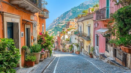 Naklejka premium High-Quality Stock Photo of a Charming Cobblestone Street with Colorful Houses, Lush Greenery, and Scenic Hills in a Picturesque Coastal Setting