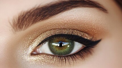 Obraz premium Close-Up of Stunning Green Eye with Elegant Makeup Featuring Gold and Brown Tones, Capturing Intricate Details and Natural Beauty