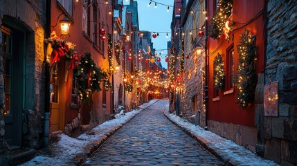 Fototapeta premium High-Quality Stock Photo of a Charming Cobblestone Street Illuminated with Festive Lights and Decorations, Perfect for Holiday Themes and Seasonal Projects