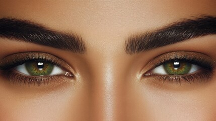 Obraz premium Close-Up of Striking Green Eyes with Defined Eyebrows and Soft Makeup, Capturing an Alluring and Intense Gaze for Beauty and Fashion Photography